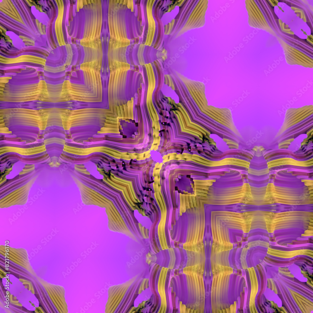Poster abstract symmetrical digital illustration of intricate yellow and purple wavy contours. 3d rendering