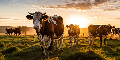 Grazing cows in the morning light, farming