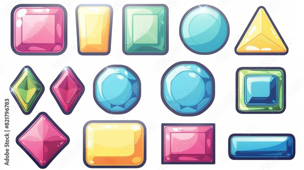 Poster design a game or web user interface with glossy geometric buttons. colorful ui elements in different