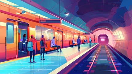 Passengers with trains leaving metro stations. Tourists and citizens using urban public transport Line art modern illustration of people at subway platforms with trains leaving metro stations.