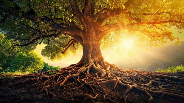 A majestic tree with roots extending deep into the earth and branches reaching toward the heavens, illustrating the soul's connection to nature.