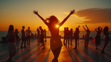 Joyful people dancing at sunset by the sea, celebrating life and happiness in a stunning natural...