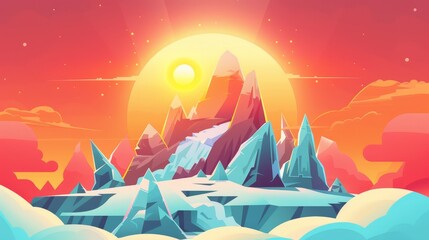 Modern cartoon illustration of high mountain summit scene with evening sun and peak covered in snow and ice above red soft clouds at sunset.
