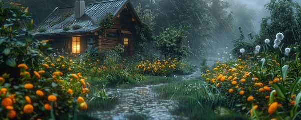 An idyllic stone cottage sits among rich greenery and colorful flowers, shrouded in a dreamy morning mist