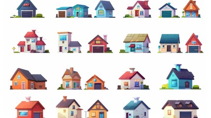 House icons isolated on white. Modern cartoon illustration of suburban cottages with garages