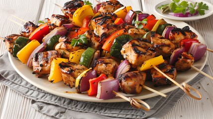 Succulent grilled chicken kebabs paired with colorful, crisp vegetables, a mouthwatering feast...