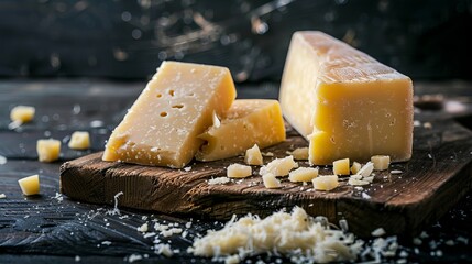 Cheese board with Parmesan and hard cheese on a dark backdrop. Perfect for recipes, menus, or banners with room for text.