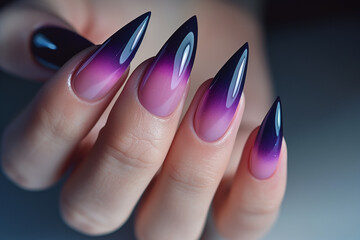 close up manicure with dark purple tip ombre nail art, long pointy nails
