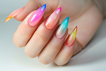close up manicure with rainbow colorful ombre nail art, long pointy nails