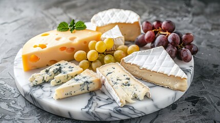 Cheese platter with Camembert, blue cheese, and hard cheese, served with grapes on a marble board. Perfect for appetizers or to enjoy with wine or dessert.