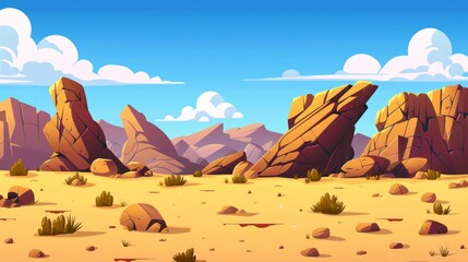 AZ desert landscape with golden sand dunes and stones in a wild west pattern. This illustration depicts a cracked yellow sandy surface with arch rock structures, part of a cartoon illustration of the