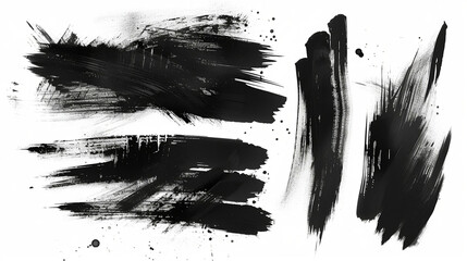 Black ink stencils. Paintbrush, splash, spray, ink splatter and paint marks. Artistic graphic box, black blots, grunge brush strokes line black and grunge frames for text.