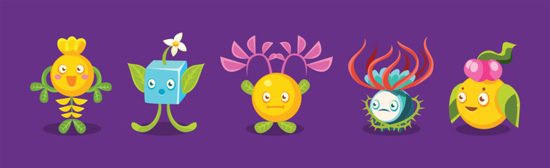 Childish Alien Fantastic Alive Plants Emoji Character Vector Set