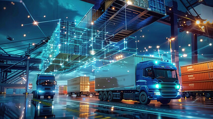 Transportation and logistic network distribution growth. Container cargo ship and trucks of industrial cargo freight for shipping. Business logistic import export with generative ai