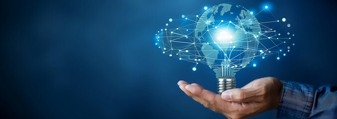 Close up human hand with light bulb with hologram data background.