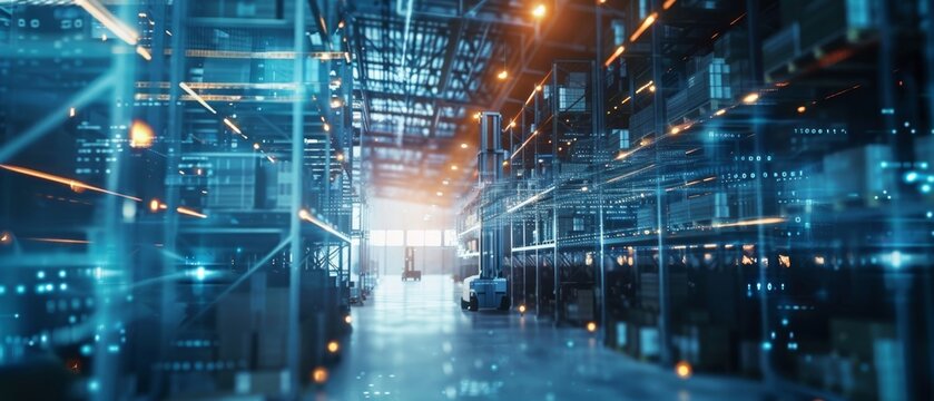Futuristic smart warehouse with glowing high-tech infrastructure, automated robots, and digital technology in a modern logistics facility.