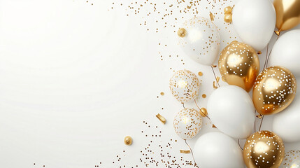 Golden balloons with confetti and ribbons.Party balloon png element set on white background. Wedding postcards.