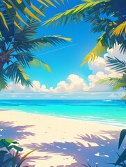 Obraz premium Serene Tropical Oasis: Swaying Palm Trees, Crystal Blue Waters, and Golden Sunshine on the Idyllic Beach，Paper art of tropical beach with blue ocean, palm trees, sky and sun, summer concept illustrat