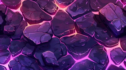 Ground surface with cracks and purple glow seamless game texture, ruined land with dark stones in holes lit with plasma or molten lava. Cartoon illustration modern.