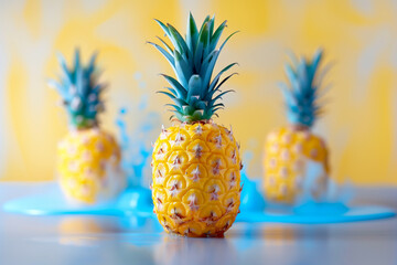 A yellow pineapple is lying on the table with colorful smoke