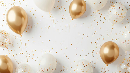 Golden balloons with confetti and ribbons.Party balloon on white background. Wedding postcards.Festive background with golden balloons and scattered golden confetti.