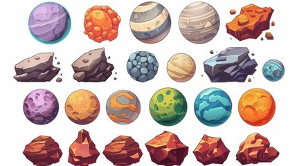 Isolated on a brown background, alien planets, asteroids, cobblestones, brown smooth boulders. Modern cartoon set of unusual futuristic worlds and rocks.