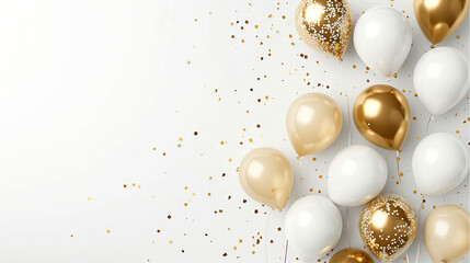 Golden balloons with confetti and ribbons.Party balloon on white background. Wedding postcards.Festive background with golden balloons and scattered golden confetti.