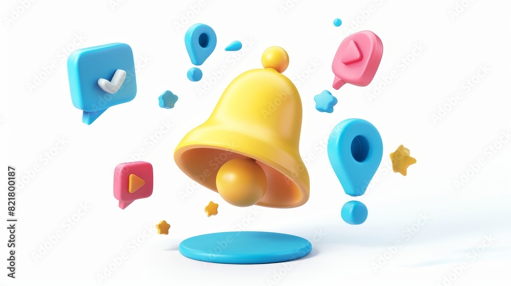 Poster 3d render notification and reminder bell, unread message bubble and map pin isolated design elements