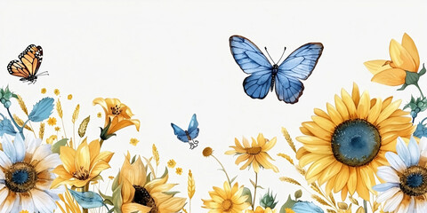 Butterfly on a sunflower. Butterfly blue Illustration watercolor. Beautiful floral summer seamless pattern with watercolor for kids field wild flowers. Illustration watercolor.	