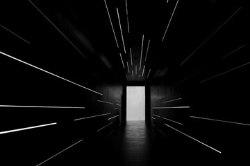 Door from dark room bright light, Business finding solution, Light at the end of the tunnel, Realistic abstract black room with white neon.