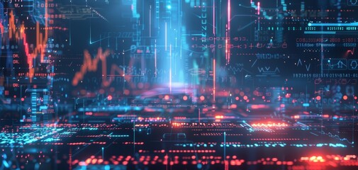 Obraz premium Futuristic digital technology interface with data and charts. Abstract virtual HUD background for AI, blockchain, and cybersecurity concepts.