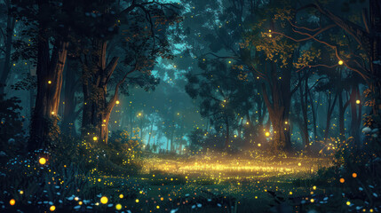 An enchanting scene of fireflies illuminating the darkness of a forest clearing, their bioluminescent glow casting an otherworldly ambiance