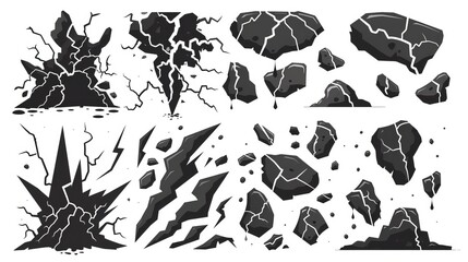 Black lightning silhouettes, thunderbolts. Rocks, earth ground, cracks in the floor, modern illustration. Electric poles, lightning isolated on white.