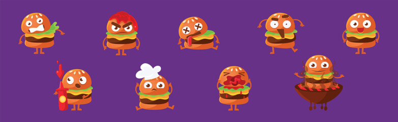 Cute Hamburger Character with Different Emotion Vector Set