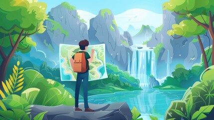 In summer forest, a waterfall cascades from rock into a pond. Cartoon modern illustration of a traveler looking at a map at scenery with a waterfall cascade.