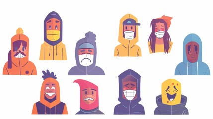 Characters hiding individuality, psychological problems, hypocrisy and masks expressing positive and happy emotions. Illustration of flat line art.