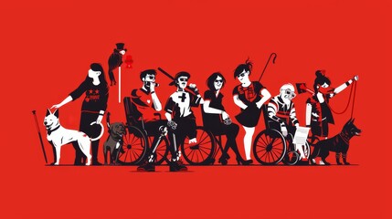 A modern flat illustration of people with disabilities, men and women with prostheses, blind people with guide dogs, characters in wheelchairs, with sticks and crutches.