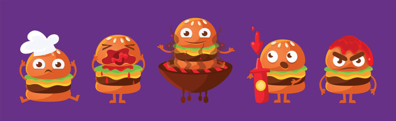 Cute Hamburger Character with Different Emotion Vector Set