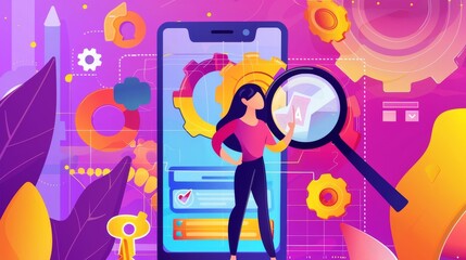 In this contemporary modern illustration, we see keyword ranking, SEO research concept with woman holding magnifier, advertising analytics on mobile phone screen, keys and growth charts.