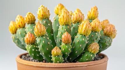 A beautiful photo of a prickly pear cactus in a pot. The cactus is covered in yellow flowers.