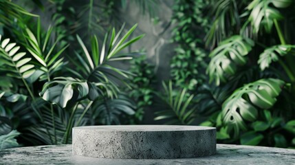 An empty round gray stone pedestal stands ready to display cosmetics products, with a lush tropical leaves background enhancing its natural appeal. This mockup sets 