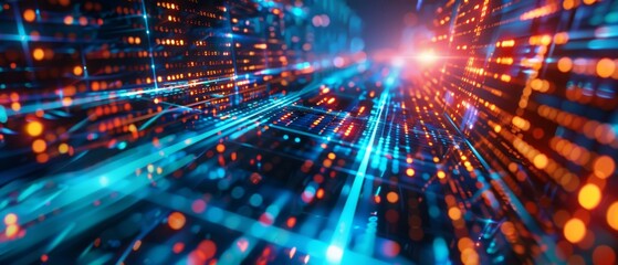 Fototapeta premium Futuristic digital cityscape with glowing lights and grid patterns, representing data, technology, and advanced urban infrastructure.