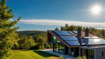 Fototapeta premium The roof of a modern house with eco-friendly solar panels in harmony with nature, ecology, saving natural resources, alternative energy source.