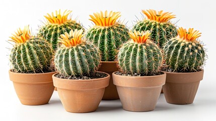A beautiful arrangement of golden barrel cacti in terracotta pots
