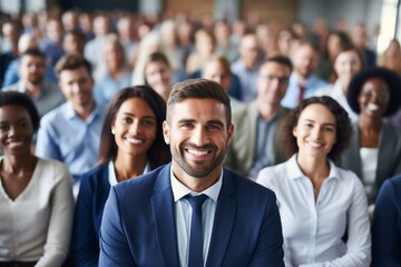 Fototapeta premium A group of diverse business professionals in suits smiling at a conference.