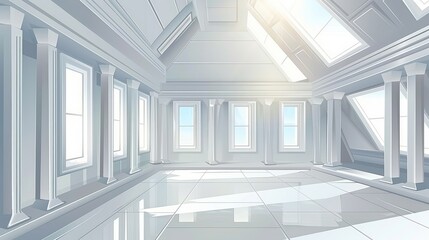 An abstract white mansard interior design. A realistic modern illustration of a light night skylight with columns and large windows. Contemporary architecture style. Modern art gallery premises.