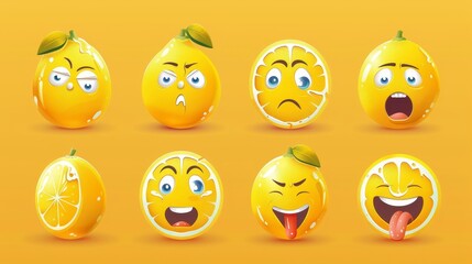 An adorable cartoon character face emoji set featuring lemons, showing different emotions such as happiness, joy, upset, sadness, surprise, tongue, and anger.