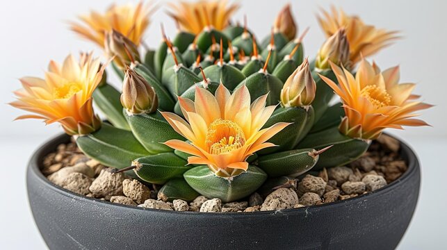 A beautiful and rare Astrophytum asterias cactus with orange flowers