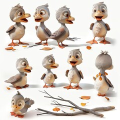 Little Gadwall Bird Cute character multiple posses and expression children's book illustration style