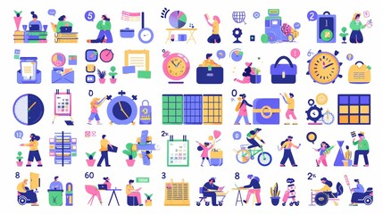 Organizing work and projects with to-do lists and plans, modern flat illustration. Diverse people manage time and work based on checklists, schedules, calendars, and clocks.